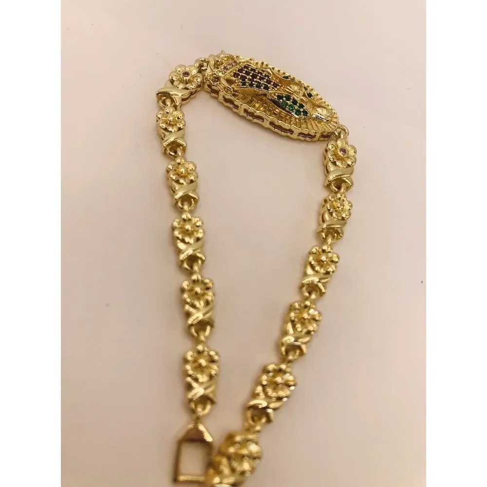 14K Gold Plated Floral Bracelet Oro Laminado Virgen De Guadalupe Pulsera 8”